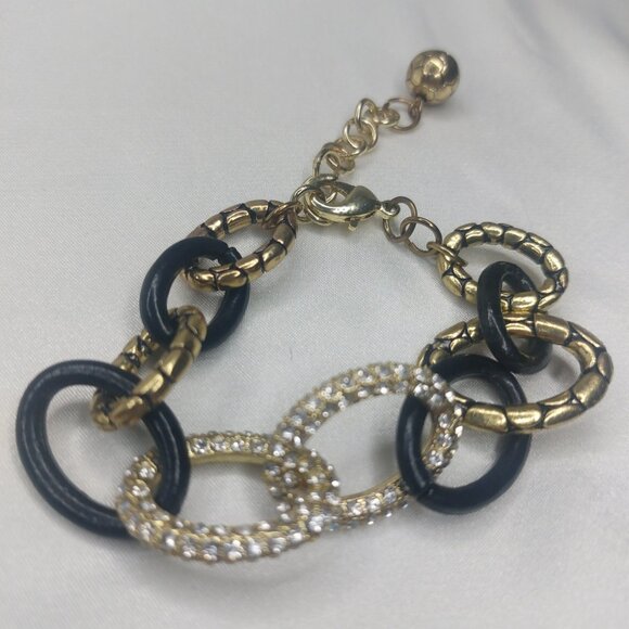 Vintage 80's Bracelet Rhinestones Oval Links Gold Black Cheetah Silver 7-9'' EUC - Picture 7 of 7